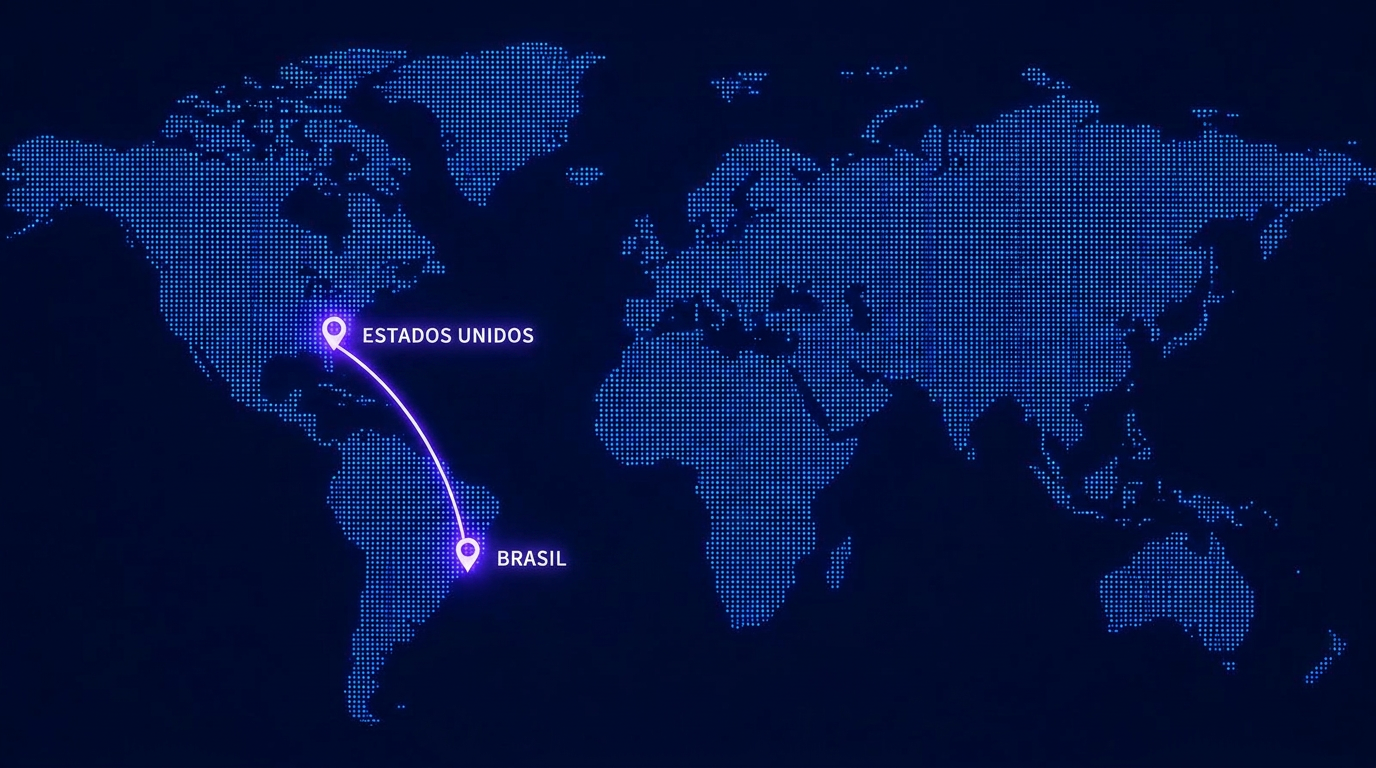 Mapa mundi destacando a rota Brasil — Estados Unidos